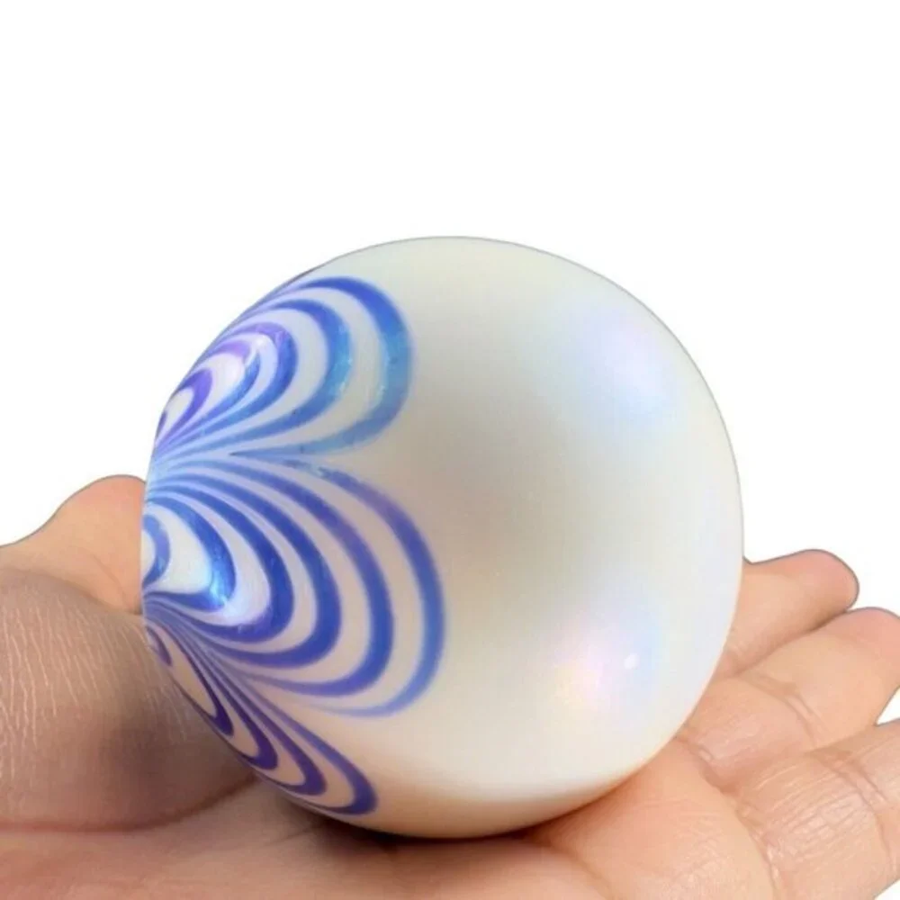 Vintage Art Glass Paperweight Round Orb White‎ Iridescent With Blue Swirls Lines